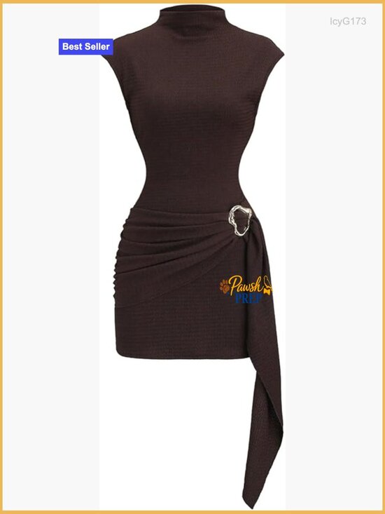 Dresses & Skirts - Mock Neck Cap Sleeve Mini Dress Metal Cinched Waist Ruched Bodycon